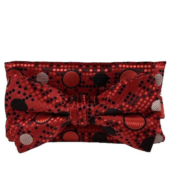 Stacy Adams Men's Bow Tie Hanky Set Red Black Beige Polka Dot Ready Tied New - Picture 5 of 5